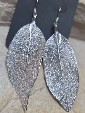 Silver Dipped Real Leaf Drop Earrings - Elegant Women's Jewelry